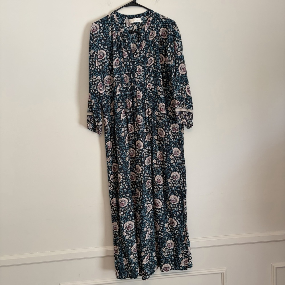 Natalie Martin Dress Medium Blue Floral Fiore Maxi V-Neck Rayon Boho Whimsical